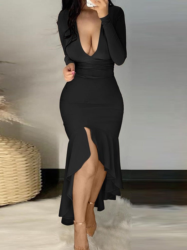 Women's Dresses V-Neck Long Sleeve High Waist Split Ruffle Dress