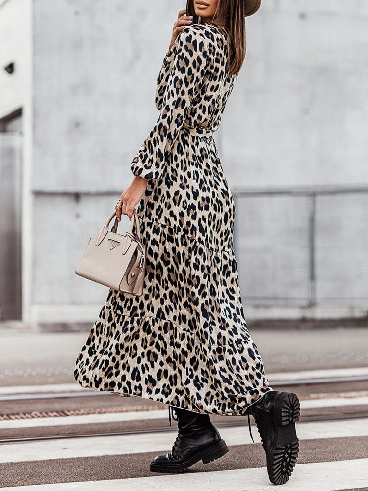 Women's Dresses V Neck Strap Leopard Printed Midi Dress