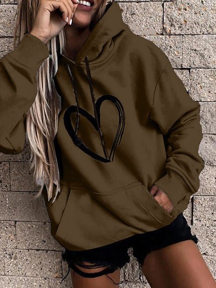 Women's Hoodies Heart Print Pocket Long Sleeve Casual Hoody