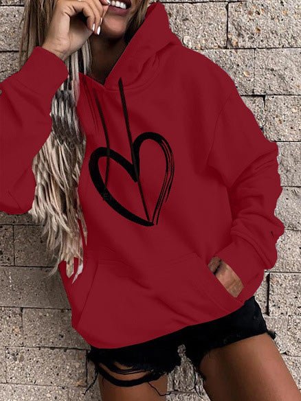 Women's Hoodies Heart Print Pocket Long Sleeve Casual Hoody