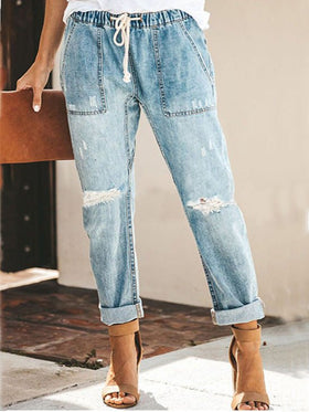 Women's Jeans Lace-Up Pocket Straight Jeans