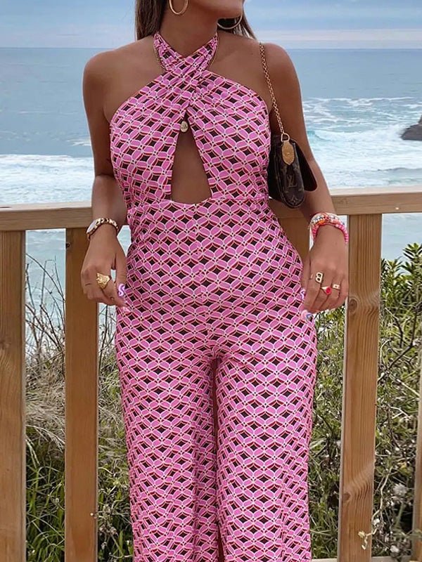 Women's Jumpsuits Halterneck Print Hollow Backless Jumpsuit