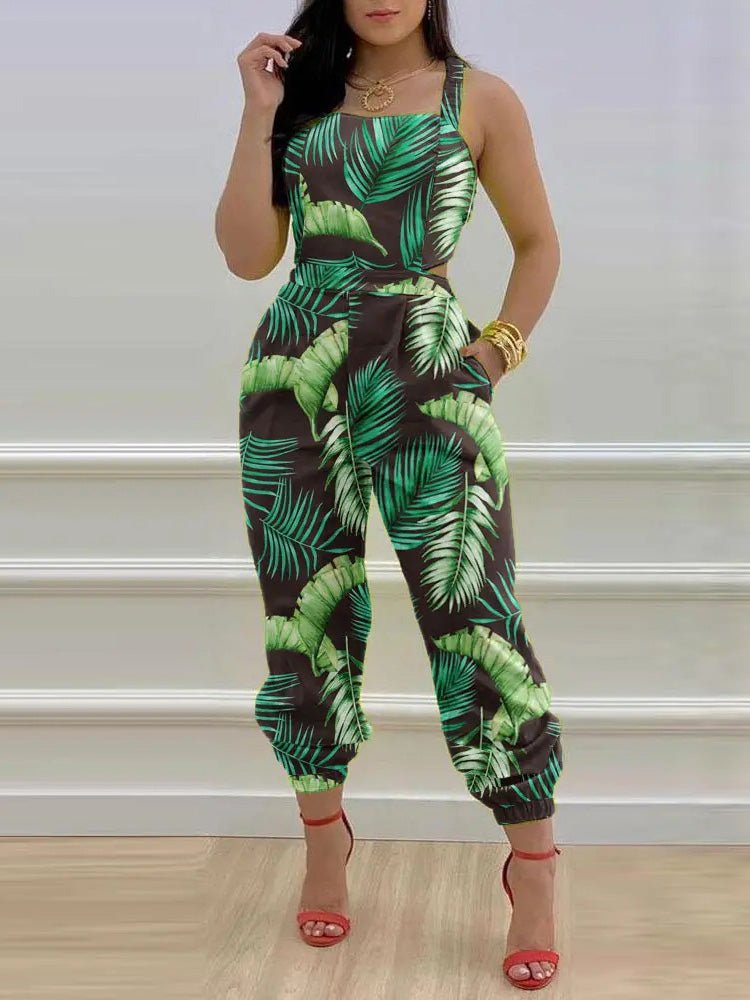 Women's Jumpsuits Leaf Print Sling Pocket Sleeveless Jumpsuit