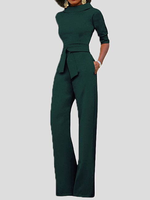 Women's Jumpsuits Solid Five-Point Sleeve Belted Wide-Leg Jumpsuit