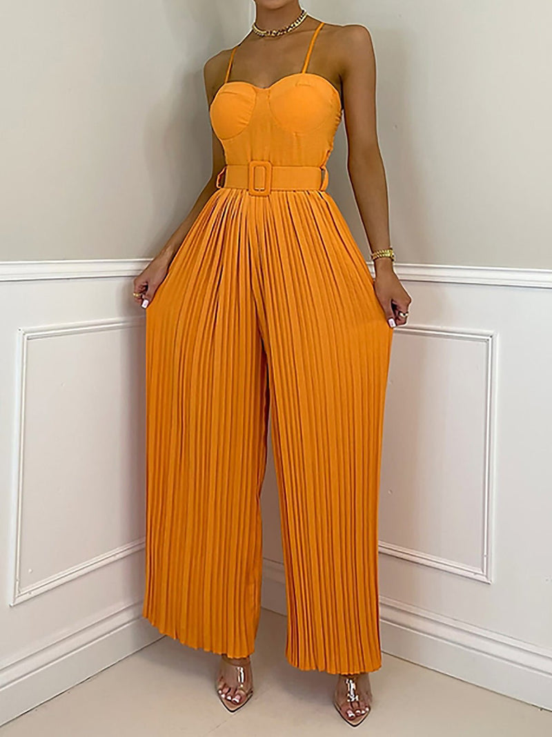 Women's Jumpsuits Solid Sling Belt Pleated Wide-Leg Jumpsuit