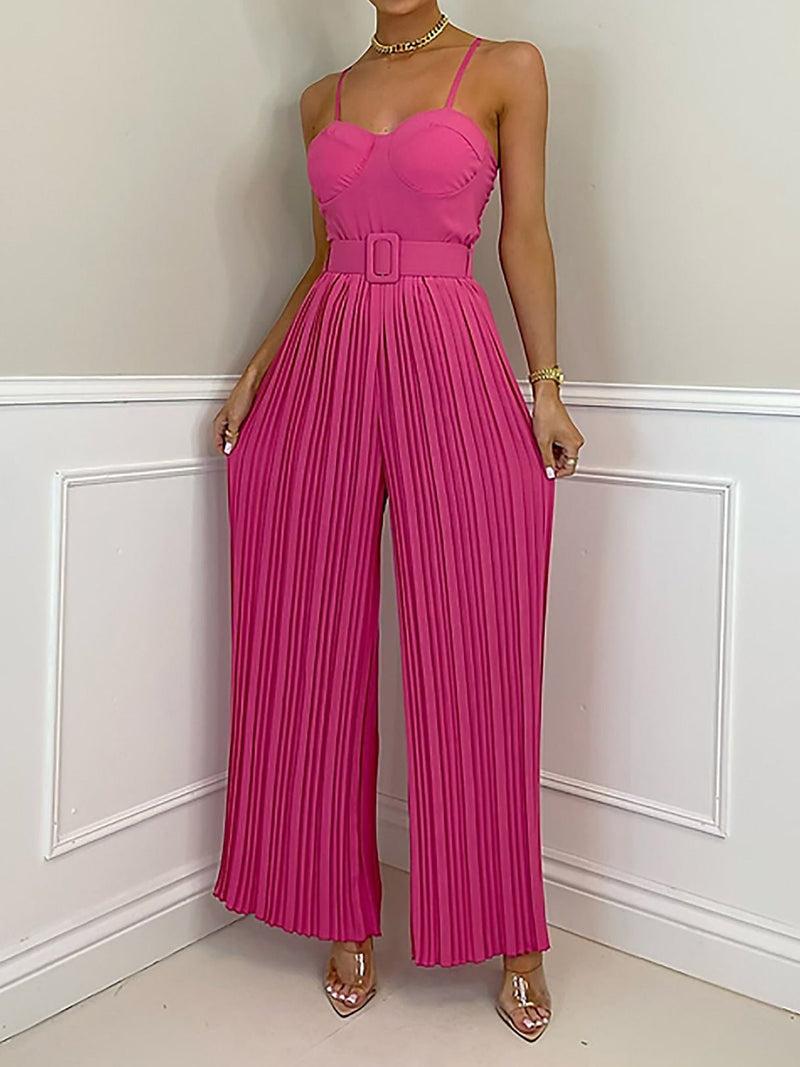 Women's Jumpsuits Solid Sling Belt Pleated Wide-Leg Jumpsuit