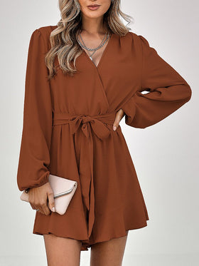 Women's Jumpsuits V-neck Long Sleeve Solid Ruffle Jumpsuit