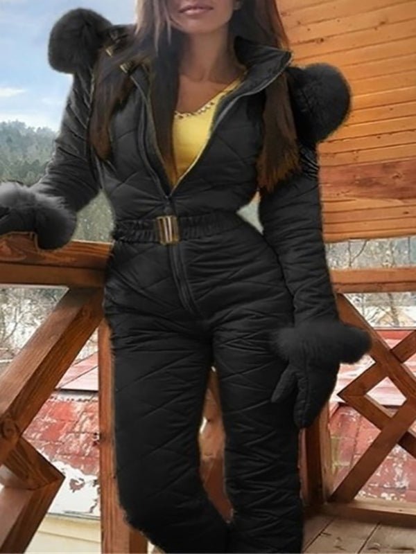 Women's Jumpsuits Zip Elastic Waist Hooded Ski Suit Jumpsuit