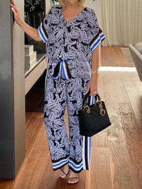 Women's Sets Vintage Stripe Print Top & Lace-Up Trousers Two-Piece Set