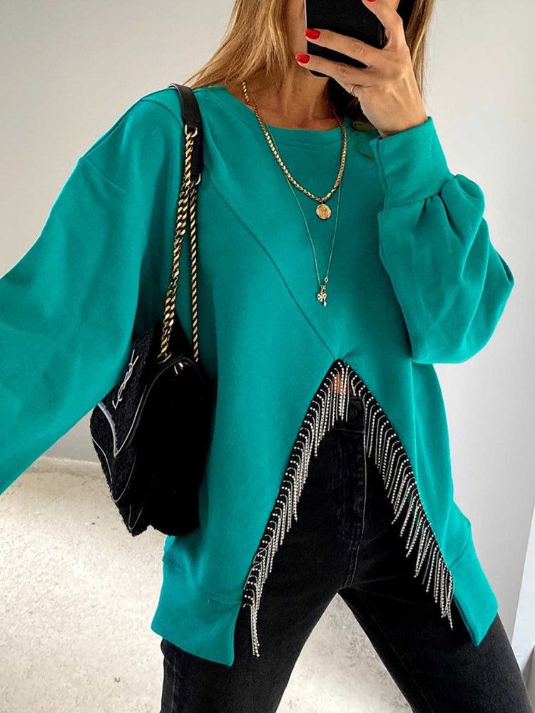 Women's Hoodies Round Neck Solid Split Tassel Loose Casual Hoodie