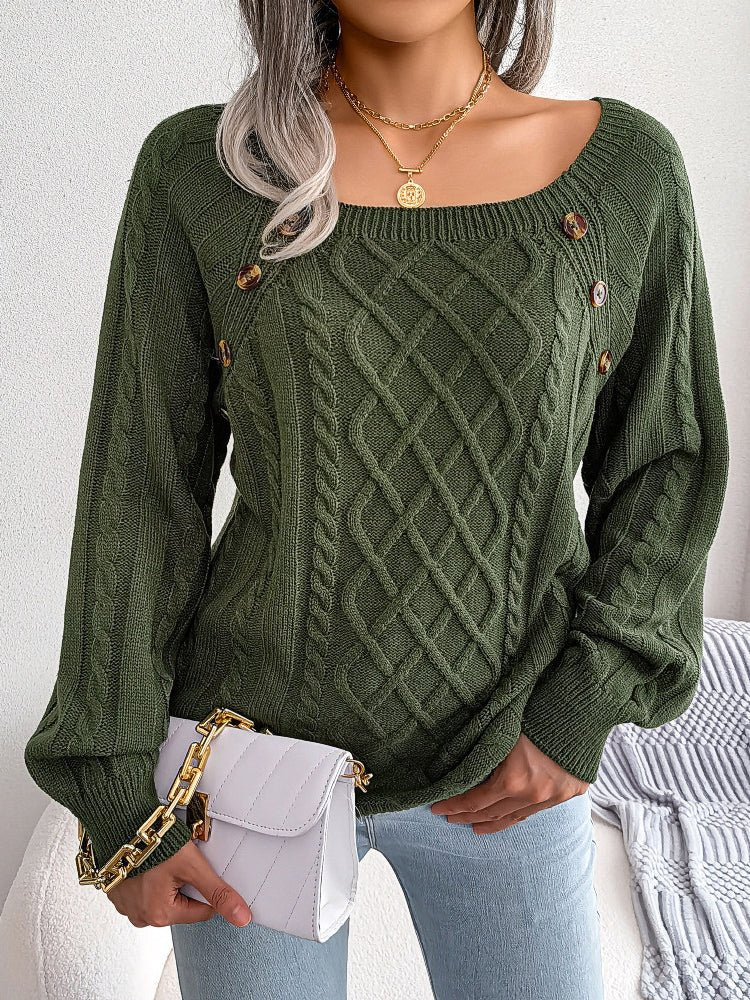 Woman's Sweaters Square-Neck Button Down Twist Knit Pullover Sweater