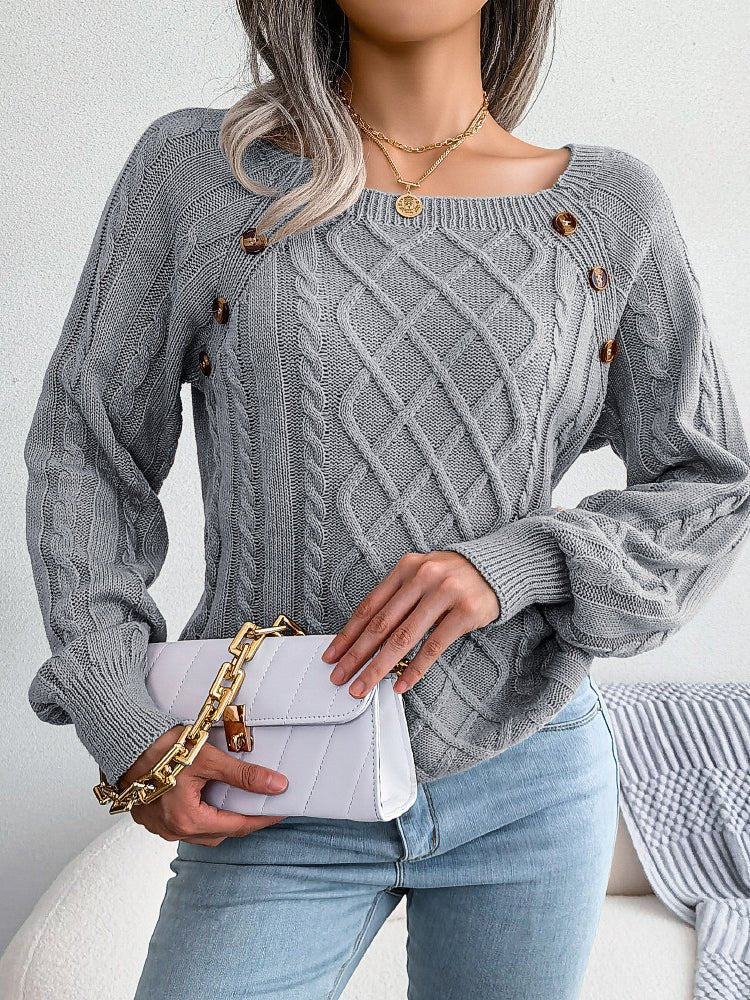 Woman's Sweaters Square-Neck Button Down Twist Knit Pullover Sweater