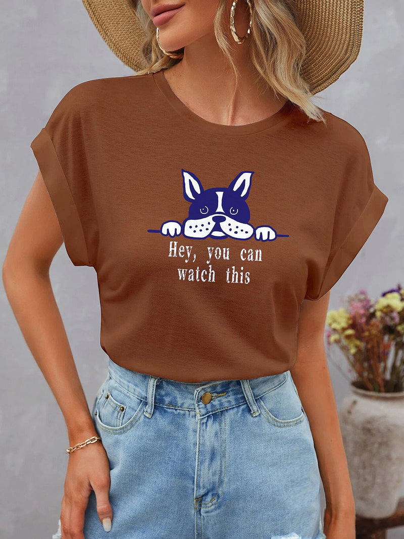 Women's T-Shirts Cute Dolman Short Sleeve Round Neck Dog Print T-Shirt