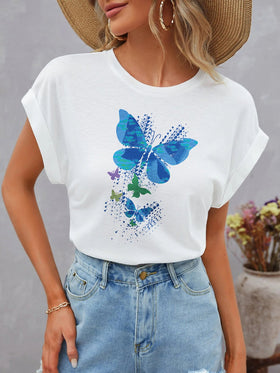 Women's T-Shirts Dolman Short Sleeve Round Neck Butterflies Print T-Shirt