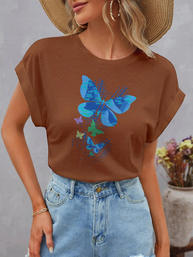 Women's T-Shirts Dolman Short Sleeve Round Neck Butterflies Print T-Shirt