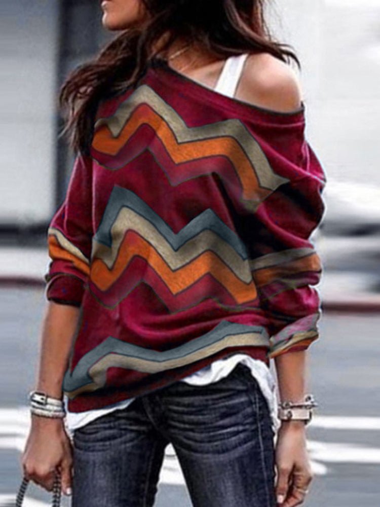 Women's  Blouses Geometric Print Off Shoulder Casual Long Sleeve  Blouse