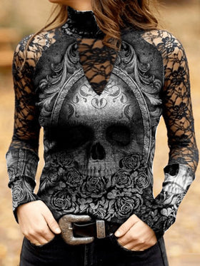 Women's T-Shirts Lace Skull Print Long Sleeve T-Shirt