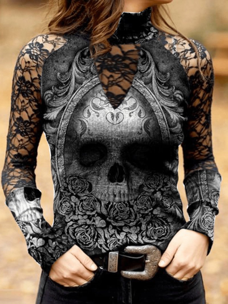 Women's T-Shirts Lace Skull Print Long Sleeve T-Shirt