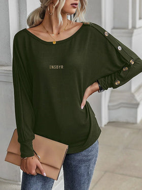 Women's T-Shirts Rounded Neck Button Long Sleeve T-Shirt