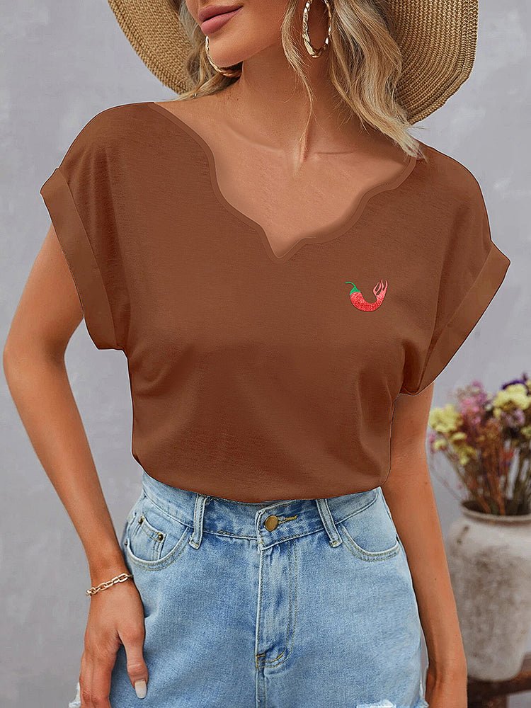 Women's T-Shirts Short Sleeve Irregular V Neck Chili Pepper Print T-Shirt