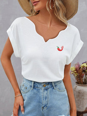 Women's T-Shirts Short Sleeve Irregular V Neck Chili Pepper Print T-Shirt