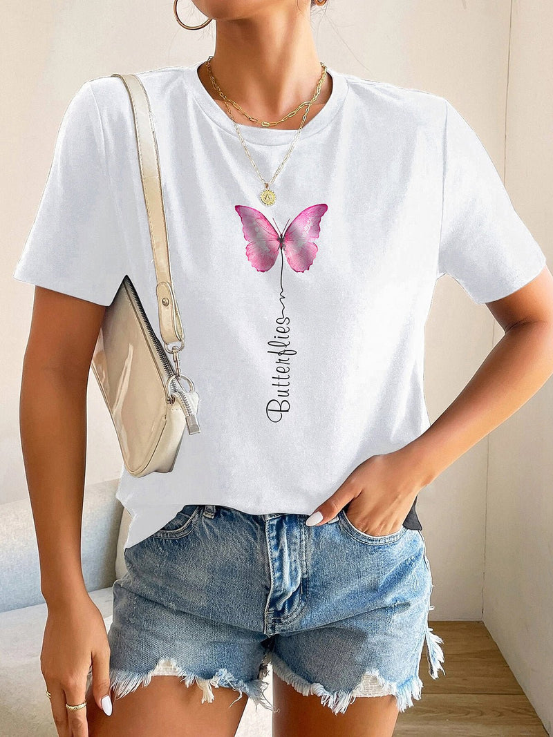 Women's T-Shirts Short Sleeve Round Neck Butterfly Print T-Shirt