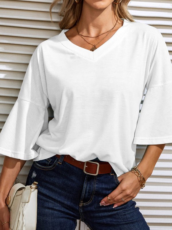 Women's T-Shirts Solid V Neck Bell Sleeve Loose Casual T-Shirt
