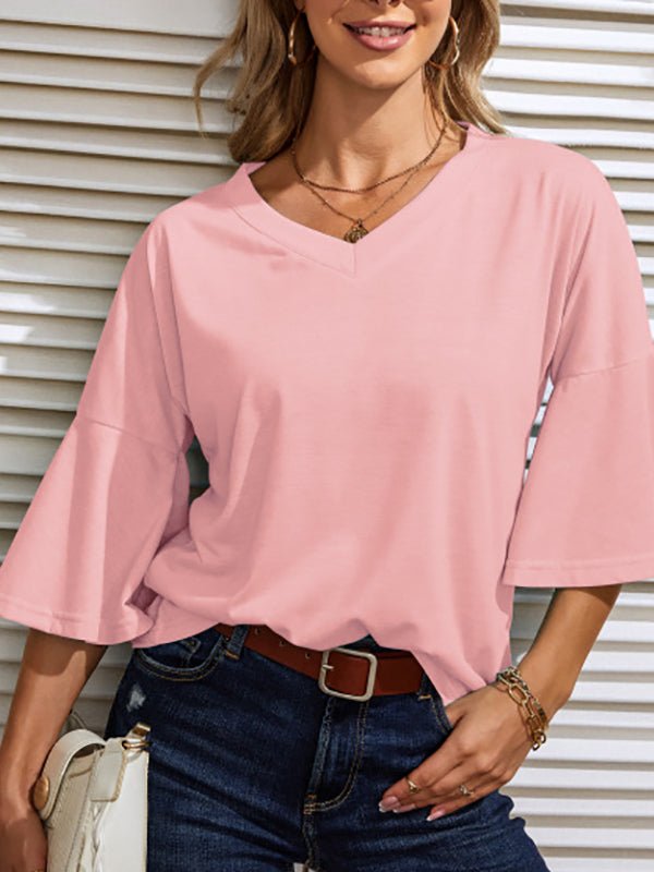 Women's T-Shirts Solid V Neck Bell Sleeve Loose Casual T-Shirt
