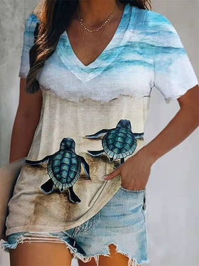 Women's T-Shirts Turtle Print V-Neck Short Sleeve T-Shirt