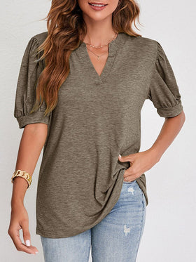 T Shirt Col V Décontracté Couleur Unie Manches Bulles