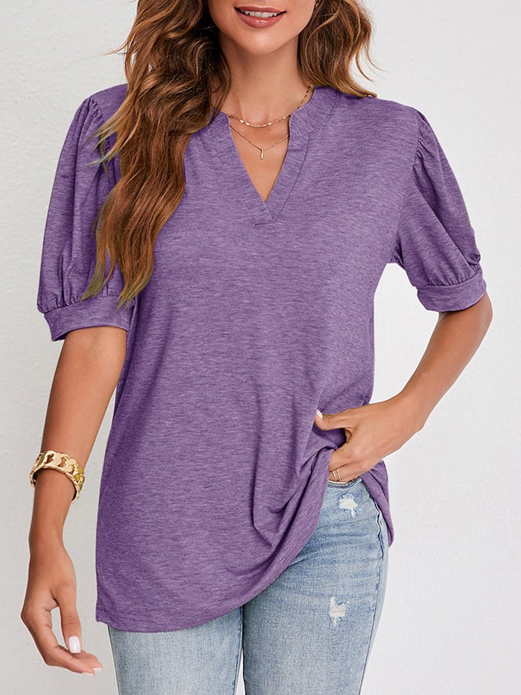 T Shirt Col V Décontracté Couleur Unie Manches Bulles