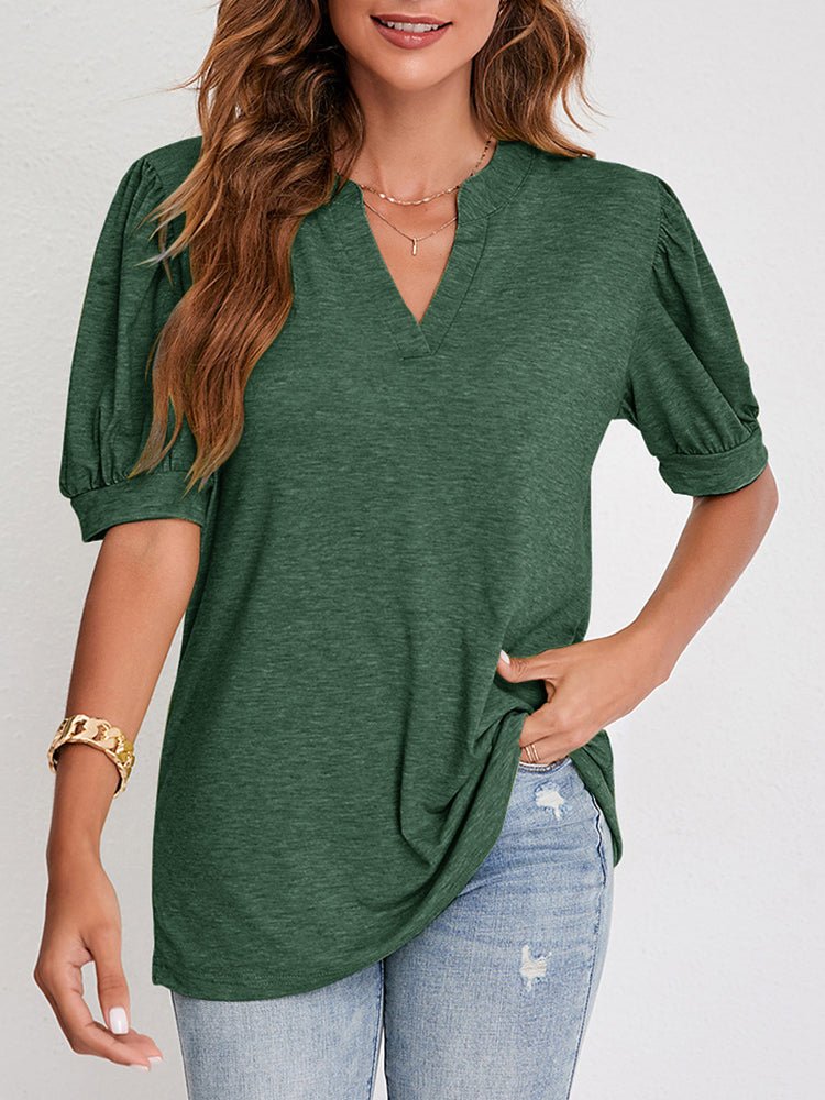 T Shirt Col V Décontracté Couleur Unie Manches Bulles