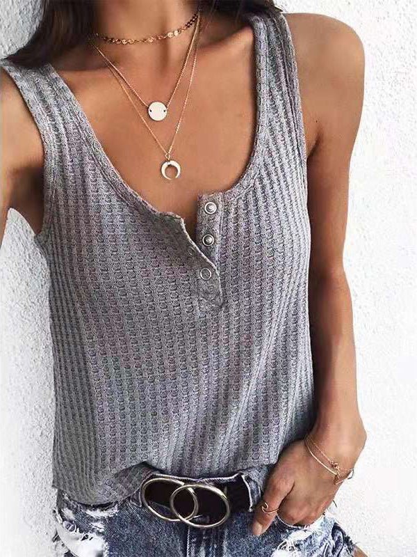 Women's Tank Tops Solid U-Neck Snap Button Sleeveless Tank Top